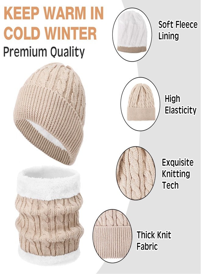 ShinyMatch 4 Pcs Winter Hat Scarf Gloves and Ear Warmers Set, Fleece Lined Knit Hat Scarf Touch Screen Gloves for Women Girl (Beige) - Image 3